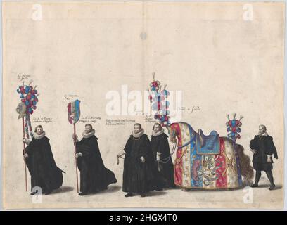 Plate 51: Members of the court of justice marching in the funeral procession of Archduke Albert of Austria; from 'Pompa Funebris ... Alberti Pii' 1623 Cornelis Galle I Plate from 'Pompa Funebris ... Alberti Pii', after Jacques Francquart, illustrating the funeral procession of Albert the Pious (1559–1621), Archduke of Austria, son of Emperor Maximilian II. 2 sheets pasted together at center.The first edition of this series contains 54 numbered plates and an engraved title page, published in 1623.The second and third editions contain 66 plates and were published in 1728 and 1729 respectively.. Stock Photo