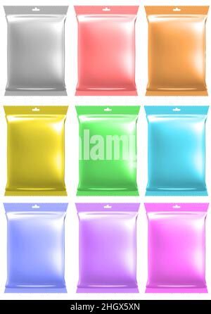 Set of colorful sealed packages from a polymeric film (flow-pack). Model of consumer packaging. Isolated. 3D Illustration Stock Photo