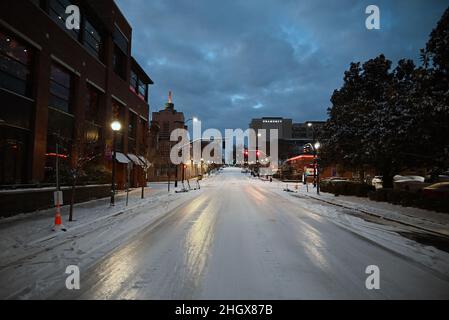 An icy glaze on Glenwood Avenue in the early morning following a 3' snowfall that blanketed Raleigh North Carolina on January 22, 2022. Stock Photo