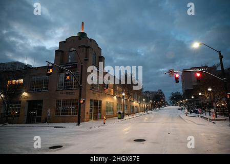 An icy glaze on Glenwood Avenue in the early morning following a 3' snowfall that blanketed Raleigh North Carolina on January 22, 2022. Stock Photo