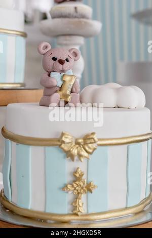 Decoration details of a birthday cake made for little boy girl, in blue and white. Teddy bear Birthday cakes. Stock Photo