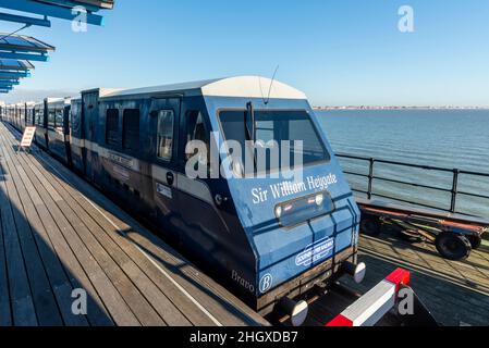 Vintage train on Southend Pier as new electric trains planned to come into service. Sir William Heygate, last diesel in service awaiting retirement Stock Photo