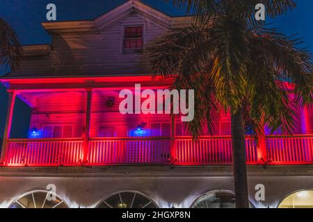 Colorful Red Blue Night Lights House Duval Street Entertainment Disctrict  Bars Restaurants Shops Key West Florida Stock Photo
