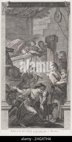 The Chapel of the Enfants-Trouvés in Paris: L'Adoration des bergers 1752 Etienne Fessard From a series of fifteen plates engraved by Fessard after the paintings by Natoire in the Chapel of the Enfants-Trouvés, Paris. The chapel was built in 1746-50 based on designs by Germain Boffrand, but destroyed in the 19th century. The main altar depicted The Adoration of the Magi and subsidiary scenes included the children and nuns of the orphanage as onlookers. Natoire’s scenes were set into trompe l’oeil surrounds painted by Paolo Antonio and Gaetano Brunetti, giving the illusion that the viewer was st Stock Photo