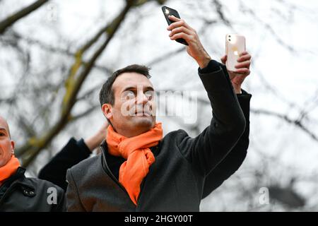 Florian Philippot during the demonstration against vaccine pass. Several thousands of people paraded in Paris, responding to the call of Florian Philippot and 'The Patriots' ("Les Patriotes"). The demonstrators were protesting, in the name of freedoms, the obligations of the vaccination health pass. Paris, France, on January 22, 2022. Stock Photo
