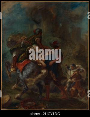 The Abduction of Rebecca 1846 Eugène Delacroix French Throughout his career Delacroix was inspired by the novels of Sir Walter Scott, a favorite author of the French Romantics. This painting depicts a scene from Ivanhoe: the Jewish heroine Rebecca, who had been confined in the castle of Front de Boeuf (seen in flames), is carried off by two enslaved Muslim warriors commanded by the covetous Christian knight Bois-Guilbert. The contorted, interlocking poses and compacted space, which shifts abruptly from the elevated foreground to the fortress behind, create a sense of intense drama. Apart from Stock Photo