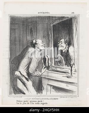 The concierge rehearsing his December smile: Take care! take care! For New Year's Day is approaching!, from 'News of the day,' published in Le Charivari, December 13, 1866 December 13, 1866 Honoré Daumier. The concierge rehearsing his December smile: Take care! take care! For New Year's Day is approaching!, from 'News of the day,' published in Le Charivari, December 13, 1866. 'News of the day' (Actualités). Honoré Daumier (French, Marseilles 1808–1879 Valmondois). December 13, 1866. Lithograph on newsprint; second state of two (Delteil). Arnaud de Vresse. Prints Stock Photo