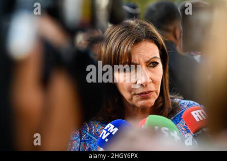 Mayor of Paris Anne Hidalgo interviewed during a ceremony where French team athletes back from Tokyo 2020 Games, Paris, France, on September 6, 2021. Stock Photo
