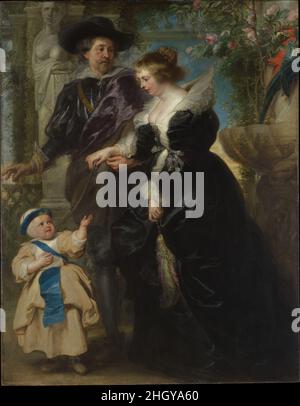 Rubens, Helena Fourment (1614–1673), and Their Son Frans (1633–1678) ca. 1635 Peter Paul Rubens Flemish The artist, his wife Helena, and one of their sons appear within an idealized version of the garden at Rubens’s mansion in Antwerp, which survives to this day. The leather strap across Rubens’s chest alludes to his right, as a nobleman, to carry a sword, while the rhyming ribbon tied across his son’s chest playfully positions him as his father’s heir. There was a nearly forty-year age gap between Rubens and his second wife, whom contemporaries widely recognized as his muse and model. The jux Stock Photo