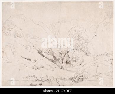 Italian Landscape (recto); Rocks and foliage (verso) ca. 1826–27 Camille Corot The spare linearity of this landscape is enlivened by the density of the rocky crevice and flowing cascade at center. In subject, style, and scale, the drawing relates to others the artist made near Papigno about sixty miles north of Rome around 1826–27. Corot spent three years in Italy (1825?1827) and produced over two hundred drawings of the region around the Italian capital.. Italian Landscape (recto); Rocks and foliage (verso). Camille Corot (French, Paris 1796–1875 Paris). ca. 1826–27. Pen and brown ink over gr Stock Photo