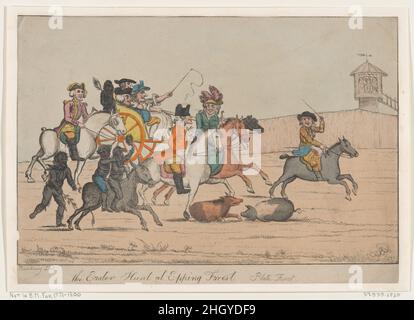 The Easter Hunt at Epping Forest, Plate First 1800–1820 After Henry William Bunbury Chasing an unseen quarry, Londoners ride horses or are seated in a carriage, with chimney sweeps on a donkey joining in the fun. Two pigs lie in the path of the oncoming crowd, and the spectacleis watched by figures from an observation tower. The etcher of this print has not been indentified.. The Easter Hunt at Epping Forest, Plate First. After Henry William Bunbury (British, Mildenhall, Suffolk 1750–1811 Keswick, Cumberland). 1800–1820. Hand-colored etching. Prints Stock Photo