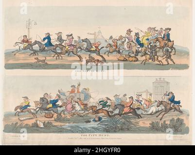 The Easter Hunt and The City Hunt May 1, 1803 Thomas Rowlandson Two scenes, one above the other, with hunters on horseback riding to the left.. The Easter Hunt and The City Hunt. After Henry William Bunbury (British, Mildenhall, Suffolk 1750–1811 Keswick, Cumberland). May 1, 1803. Hand-colored etching. Rudolph Ackermann, London (active 1794–1829). Prints Stock Photo