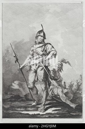 Two Soldiers, One Standing Holding a Lance, One Seated 1764 Matthias Pfenninger This print comes from a set of 'Eight Studies of Soldiers' (2018.54.1-.8) designed by Loutherbourg during his Paris years, 1755–71. While himself an accomplished printmaker, Loutherbourg here turned the etching over to the Zurich-born Matthias Pfenninger, then studying in Paris. The images demonstrate admiration for the Italian 17th-century printmaker, Salvator Rosa.. Two Soldiers, One Standing Holding a Lance, One Seated. Eight Studies of Soldiers. after Philippe Jacques de Loutherbourg (French, Strasbourg 1740–18 Stock Photo