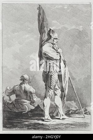 Two Soldiers, One Standing Holding a Flag, One Seated Seen from Behind 1764 Matthias Pfenninger This print comes from a set of 'Eight Studies of Soldiers' (2018.54.1-.8) designed by Loutherbourg during his Paris years, 1755–71. While himself an accomplished printmaker, Loutherbourg here turned the etching over to the Zurich-born Matthias Pfenninger, then studying in Paris. The images demonstrate admiration for the Italian 17th-century printmaker, Salvator Rosa.. Two Soldiers, One Standing Holding a Flag, One Seated Seen from Behind. Eight Studies of Soldiers. after Philippe Jacques de Loutherb Stock Photo