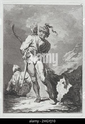 Two Soldiers, One Standing with Sword, Bow and Arrows, One Seated Seen from Behind 1764 Matthias Pfenninger This print comes from a set of 'Eight Studies of Soldiers' (2018.54.1-.8) designed by Loutherbourg during his Paris years, 1755–71. While himself an accomplished printmaker, Loutherbourg here turned the etching over to the Zurich-born Matthias Pfenninger, then studying in Paris. The images demonstrate admiration for the Italian 17th-century printmaker, Salvator Rosa.. Two Soldiers, One Standing with Sword, Bow and Arrows, One Seated Seen from Behind. Eight Studies of Soldiers. after Phil Stock Photo