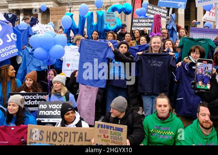 London, UK, 22nd Jan, 2022.  National Health Service workers supported by campaign group NHS100K took part  in rally against mandatory vaccination.  Up to 100,000 unvaccinated staff face dismissal by April 1st. Credit: Eleventh Hour Photography/Alamy Live News Stock Photo