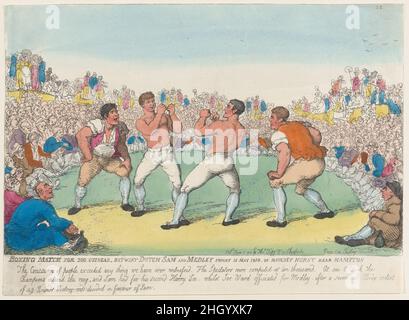 Boxing Match For 200 Guineas, Betwixt Dutch Sam and Medley, Fought 31 May 1810, on Moulsey Hurst Near Hampton June 5, 1810 Thomas Rowlandson Two boxers face each other on the turf, each accompanied by a second, with bottlemen seated at lower left and right. The ring is formed by densely packed male spectators with a few women shown standing at the back on the roofs of coaches. 'Dutch Sam' was a Jewish pugilist from Holland who remained unbeaten until December 1814. This match took place on May 31, 1810, went 49 rounds, and lasted 52 minutes before Ben Medley was defeated. In the years that fol Stock Photo