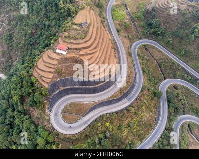 AN aerial view of the BP Highway also known as the Bardibas highway in the mountains of Nepal. Stock Photo