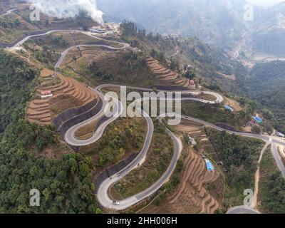 AN aerial view of the BP Highway also known as the Bardibas highway in the mountains of Nepal. Stock Photo