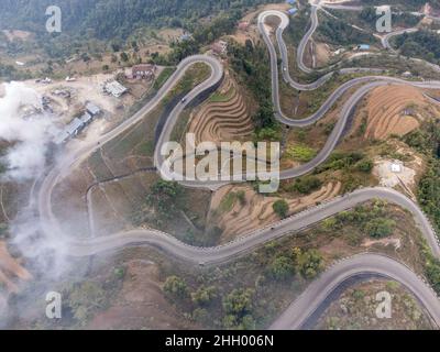 AN aerial view of the BP Highway also known as the Bardibas highway in the mountains of Nepal. Stock Photo