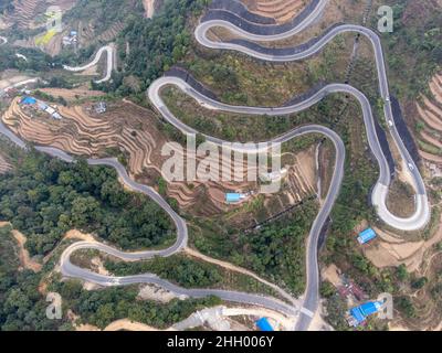 AN aerial view of the BP Highway also known as the Bardibas highway in the mountains of Nepal. Stock Photo