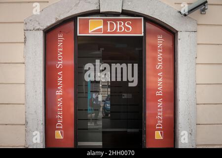 picture of an DBS Banka sign on their office for Ljubljana, Slovenia. Dezelna Banka Slovenije is a retail, commercial and investment bank from Sloveni Stock Photo