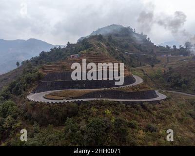 AN aerial view of the BP Highway also known as the Bardibas highway in the mountains of Nepal. Stock Photo