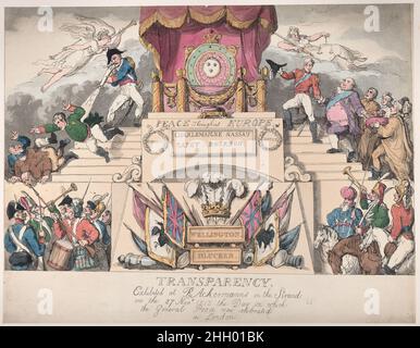 Transparency: Exhibited at R. Ackermann's in the Strand on the 27th November 1815, the Day on which the General Peace was Celebrated in London November 27, 1815 Thomas Rowlandson An allegorical design of Louis XVIII's throne atop a monument and military trophy. Blucher fires a blunderbuss at Napoleon, sending him down the stairs at left, while the Duke of Wellington leads Louis XVIII up the stairs at right. The King is followed by four people carrying the crown. Fame and Justice fly above the monument. Two groups of Allied soldiers gather below.. Transparency: Exhibited at R. Ackermann's in th Stock Photo