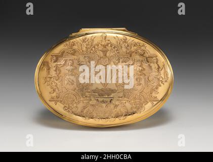 Snuffbox 1710–20 British The delicate engraving on this gold snuffbox, incorporating classical busts and trophies, suggests a patron of considerable stature. It was made for Sir Samuel Ongley, a merchant and investor who made a large fortune in the South Sea Company, and was knighted by Queen Anne in 1713. The popularity of snuff was at its height in the early decades of the eighteenth century, and a gold snuffbox was an incontestable sign of wealth.. Snuffbox. British. 1710–20. Gold. Metalwork-Gold and Platinum Stock Photo
