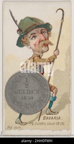 Bavaria, 1/2 Gulden, from the series Coins of All Nations (N72, variation 1) for Duke brand cigarettes 1889 Issued by W. Duke, Sons & Co. American Trade cards from the "Coins of All Nations" (N72), issued in a set of 50 cards in 1889 to promote W. Duke Sons & Co. brand cigarettes. There are two variations within the series. Version one (variation 1) maintains a white background on the cards and the second version (variation 2) displays a shaded background.. Bavaria, 1/2 Gulden, from the series Coins of All Nations (N72, variation 1) for Duke brand cigarettes. 1889. Commercial color lithograph. Stock Photo
