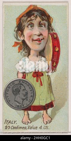 Caricatured Italian, 20 Centimes, from the series Coins of All Nations (N72, variation 1) for Duke brand cigarettes 1889 Issued by W. Duke, Sons & Co. American Trade cards from the "Coins of All Nations" (N72), issued in a set of 50 cards in 1889 to promote W. Duke Sons & Co. brand cigarettes. There are two variations within the series. Version one (variation 1) maintains a white background on the cards and the second version (variation 2) displays a shaded background.. Caricatured Italian, 20 Centimes, from the series Coins of All Nations (N72, variation 1) for Duke brand cigarettes. 1889. Co Stock Photo