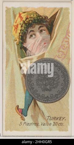 Turkey, 5 Piastres, from the series Coins of All Nations (N72, variation 2) for Duke brand cigarettes 1889 Issued by W. Duke, Sons & Co. American Trade cards from the "Coins of All Nations" (N72), issued in a set of 50 cards in 1889 to promote W. Duke Sons & Co. brand cigarettes. There are two variations within the series. Version one (variation 1) maintains a white background on the cards and the second version (variation 2) displays a shaded background.. Turkey, 5 Piastres, from the series Coins of All Nations (N72, variation 2) for Duke brand cigarettes. 1889. Commercial color lithograph. I Stock Photo