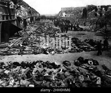Rows of bodies of dead inmates fill the yard of Lager Nordhausen, a Gestapo concentration camp.  This photo shows less than half of the bodies of the several hundred inmates who died of starvation or were shot by Gestapo men.  Germany, April 12, 1945. Stock Photo