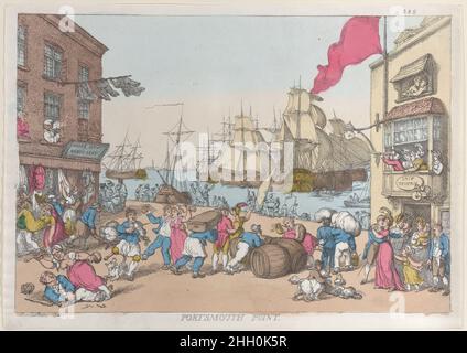 Portsmouth Point 1814 Thomas Rowlandson A harbor scene with an old clothes shop at left with a sign that reads, 'Moses Levy Money Lent.' At right is the 'Ship Tavern.' Ships sail off the coast and dock at the harbor. People are bustling to depart in the foreground: baggage is carried, casks are rolled, sailors and and women embrace or fight.. Portsmouth Point. Thomas Rowlandson (British, London 1757–1827 London). 1814. Hand-colored etching. Prints Stock Photo