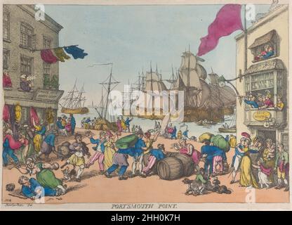 Portsmouth Point 1814 Thomas Rowlandson A harbor scene with an old clothes shop at left with a sign that reads, 'Moses Levy Money Lent.' At right is the 'Ship Tavern.' Ships sail off the coast and dock at the harbor. People are bustling to depart in the foreground: baggage is carried, casks are rolled, sailors and and women embrace or fight.. Portsmouth Point. Thomas Rowlandson (British, London 1757–1827 London). 1814. Hand-colored etching. Prints Stock Photo