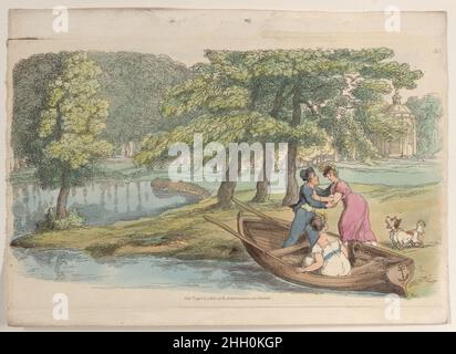 Plate 35, from 'World in Miniature' 1816 Thomas Rowlandson One of forty prints from Rowlandson's 'World in Miniature; Consisting of Groups of Figures, for the Illustration of Landscape Scenery.' A man helps a woman into a rowing boat at right. Another woman is seated in the row boat and a dog is barking at them on shore at right. They are surrounded by a wooded river landscape.. Plate 35, from 'World in Miniature'. 'World in Miniature'. Thomas Rowlandson (British, London 1757–1827 London). 1816. Hand-colored etching. Rudolph Ackermann, London (active 1794–1829). Prints Stock Photo