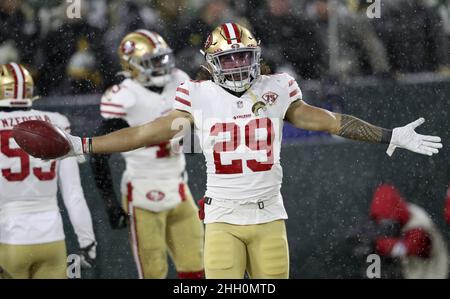 San Francisco 49ers' Talanoa Hufanga and Dontae Johnson break up a