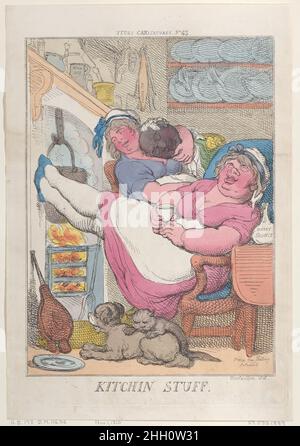 Kitchin Stuff November 1, 1810 Thomas Rowlandson A cook sleeps by the kitchen fire in an armchair with her feetup on the chimney-piece. She holds a glass filled from a bottle of 'Cherry Bounce' at her elbow. A plump kitchen-maid is also asleep beside her, with her arm round the neck of a footman who sleeps on her shoulder.. Kitchin Stuff. Thomas Rowlandson (British, London 1757–1827 London). November 1, 1810. Hand-colored etching. Thomas Tegg (British, 1776–1846). Prints Stock Photo