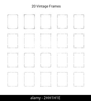 Set of 20 elegant retro vintage ornate frames, corner flourishes, collection of unique rectangle vignette templates, art deco style design elements Stock Vector