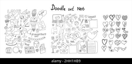 Big doodle set of icons for Valentine s day, mail doodles. Icons with paper envelopes, letters, email.. Vector illustration for the holiday on Stock Vector
