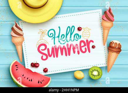 Summer vector template design. Hello summer text with tropical elements of ice cream cone, fruits and hat objects for holiday season greeting messages. Stock Vector