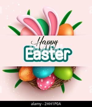 Easter season vector design. Happy easter typography text in pink space with 3d realistic bunny figurine and colorful eggs pattern for seasonal. Stock Vector