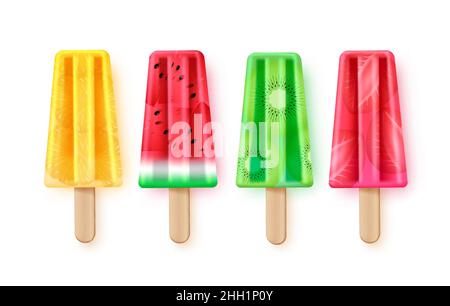Popsicle fruits vector set design. Popsicles fruity desserts with 3d realistic watermelon, kiwi and strawberry fruit bits for summer season iced cream. Stock Vector