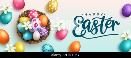 Easter season vector background design. Happy easter greeting text with 3d colorful eggs in nest basket element for seasonal egg hunt celebration. Stock Vector