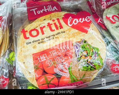 Moscow, Russia - October 19, 2021: Tortilla wraps are sold at supermarket, ingredients for wrapped sandwich Stock Photo