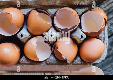close up of egg shells in carton Stock Photo