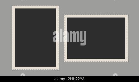 Two old ornate photographs. Retro photos with carved edges. Old photo frame template. 3D realistic vector illustration. Stock Vector