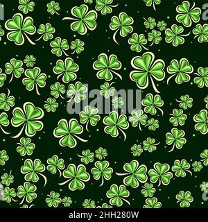 Vector Shamrock Seamless Pattern, square repeating background with cut out illustrations of falling shamrock leaves on dark background for patrick's d Stock Vector