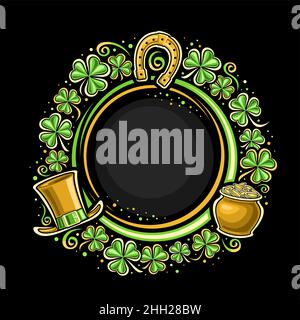 Vector Frame for St Patrick's Day with copy space for text, circle template with illustration of shamrock leaves and cartoon saint patrick symbol, flo Stock Vector