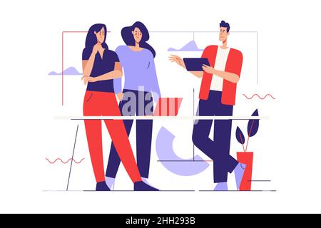 Vector outline illustration on the subject of office work, business meeting. Editable stroke Stock Vector